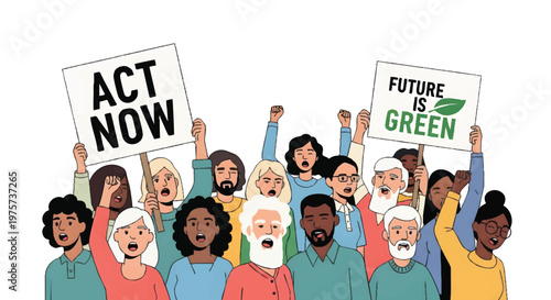 Diverse group of people protesting for environmental change with signs