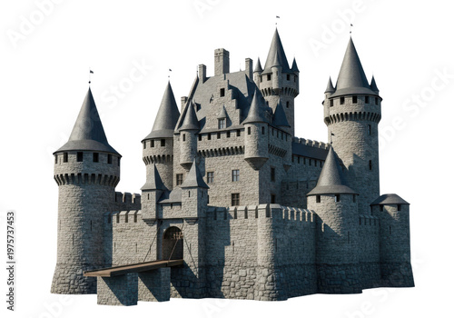 Detailed 3d render of a medieval stone castle with towers and a drawbridge isolated on transparent background