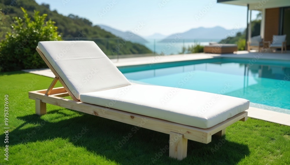 Fototapeta premium White chaise lounge rests on rich green grass beside a bright blue swimming pool. Mountains and water form a scenic backdrop. Furniture waits for relaxation near resort.