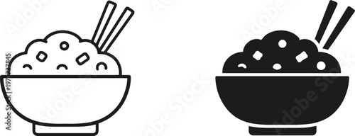 Rice bowl icon set black and white line art depicting asian cuisine