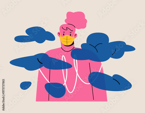 Woman wearign face mask. Air pollution. Health and environmental problems. Colorful vector illustration