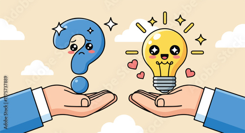Two hands exchanging a question mark and a lightbulb symbolizing ideas, creativity, and problem solving in a friendly