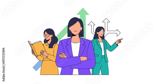 Three confident businesswomen standing together with upward trend arrows symbolizing growth and success in a professional setting with teamwork
