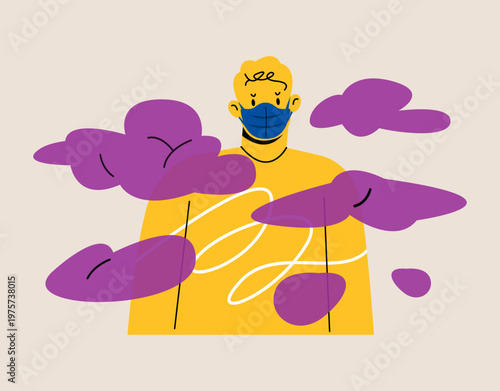 Man wearign face mask. Air pollution. Health and environmental problems. Colorful vector illustration