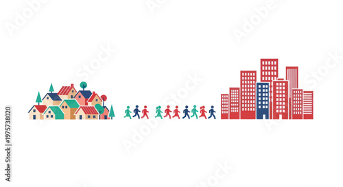 People moving from suburban homes to urban city buildings migration urbanization concept
