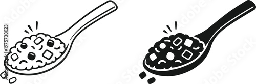 Doodle style spoons with rice or grain fillings black and white illustration