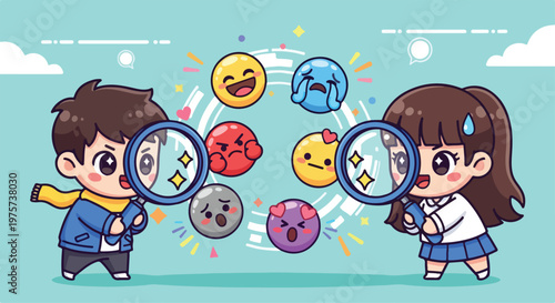 Cute cartoon children with magnifying glasses exploring colorful floating bacteria and germs in a playful science scene