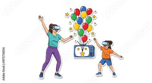 children wearing VR headsets playing with colorful balloons
