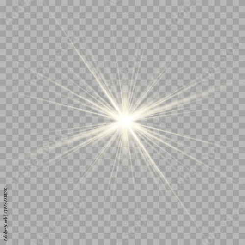 Golden glowing starburst with fine radial rays isolated on transparent background