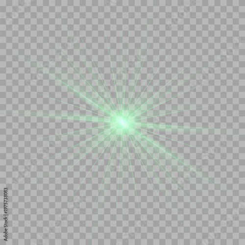 Green glowing starburst with orbit loops and long radial light rays isolated on transparent background