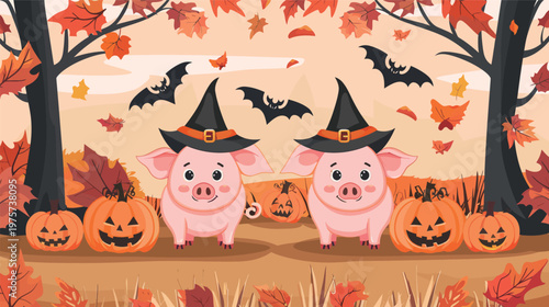 Piggy bank wearing Halloween hat with pumpkins and bats cute festive illustration playful savings concept seasonal decoration whimsical cartoon style