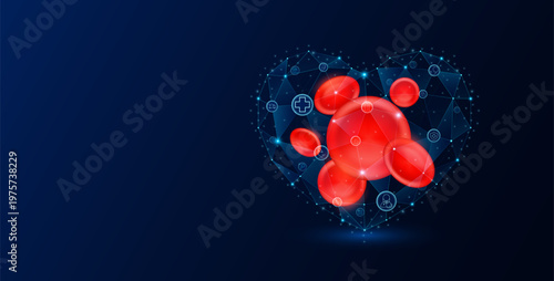 Human red blood cells in polygon heart blue glowing transparent. Medical science icons. Protection health care. Banner empty space for text. Vector EPS10.