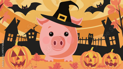 Piggy bank wearing Halloween hat with pumpkins and bats cute festive illustration playful savings concept seasonal decoration whimsical cartoon style