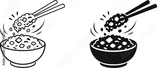 Rice bowl with chopsticks illustration set black and white line art