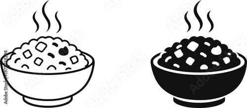 Two bowls of rice a black and white illustration of steaming food
