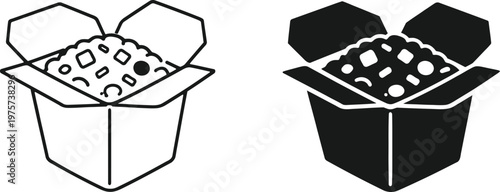 Two black and white icons of open takeout boxes filled with food