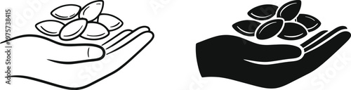 Offering and receiving a black and white illustration of hands and seeds