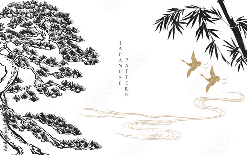 vector illustration of bonsai tree, crane birds and bamboo branch background. in traditional style.	