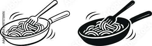 Black and white illustration of spaghetti in a pan with a fork