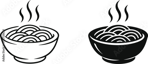 Two bowls of steaming noodles a black and white illustration