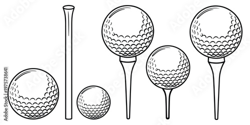 Golf balls and tees, isolated on white background, graphic illustration for sports.
