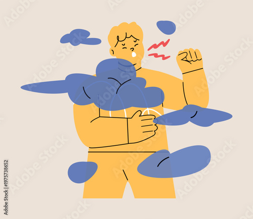 Boy coughing because of smoke. Air pollution. Health and environmental problems. Colorful vector illustration