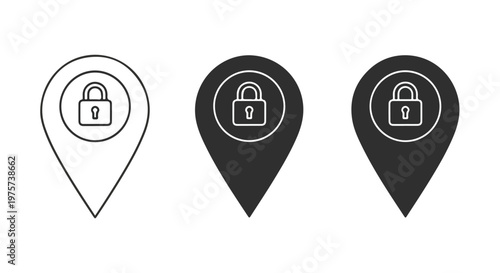 Set of three location pins with lock icons representing secure or private locations in different styles and colors