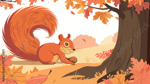 Playful vector of a mischievous squirrel hiding nuts autumnal cute woodland animal illustration seasonal nature concept forest wildlife design