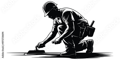 Construction worker with hard hat and tools, laying pavement, illustration for industry.