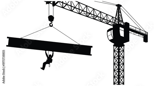 Construction worker suspended from steel beam being lifted by tower crane on site.
