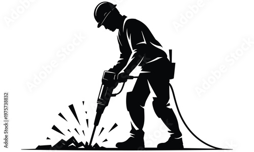 Silhouette of construction worker operating a jackhammer on a white background, breaking ground.