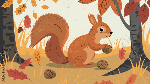 Playful vector of a mischievous squirrel hiding nuts autumnal cute woodland animal illustration seasonal nature concept forest wildlife design