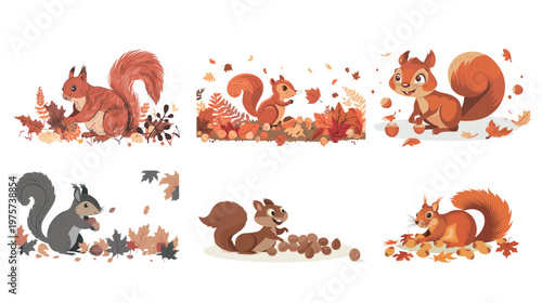 Playful vector of a mischievous squirrel hiding nuts autumnal cute woodland animal illustration seasonal nature concept forest wildlife design