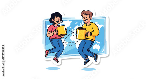 young couple running with laptops globe background travel