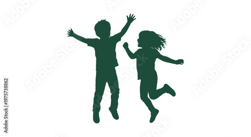 Green silhouette of a boy and a girl jumping high with joy, celebrating active childhood fun time.