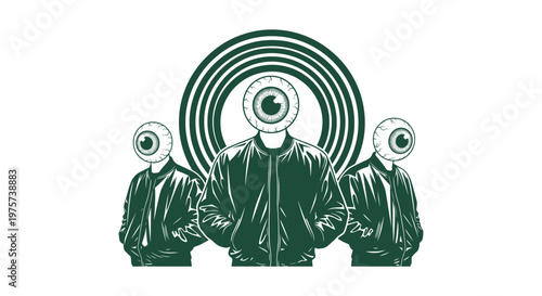 Surreal Underground Streetwear Illustration with Three Eyeball Head Characters in Bomber Jackets