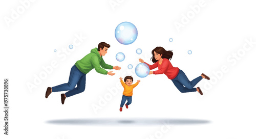 Happy family playing with soap bubbles outdoors together