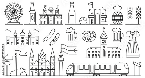 Line art icons of German landmarks, food, and drinks, suggesting travel and culture.