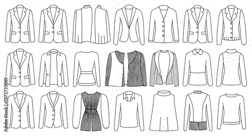 Assortment of line art icons depicting various styles of jackets and tops, including animal print.