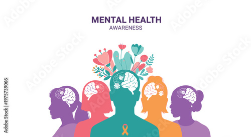 Mental health awareness illustrated with colorful silhouettes and floral imagery