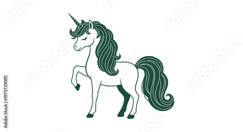 Green Line Art Illustration of a Mystical Unicorn with Wavy Mane and Tail on a White Background