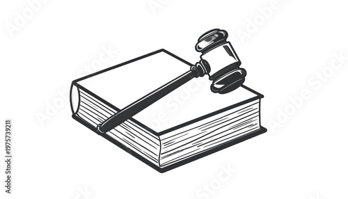 Monochrome illustration of a classic judge's gavel resting on a thick legal book, symbolizing justice, law, authority, and the judicial system in a clear, impactful manner