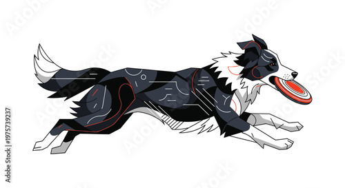 A stylized border collie enthusiastically chases a bright red and orange frisbee