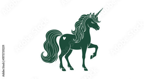 Elegant Dark Green Unicorn Silhouette with Flowing Mane and Heart Detail Isolated on White Background