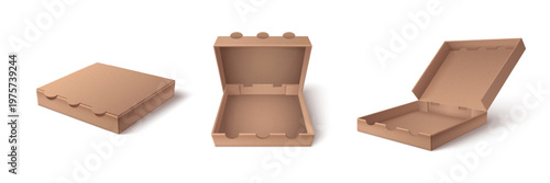 Open and closed cardboard pizza box mockup, 3D realistic vector illustrations. Brown empty carton package, square blank template for pizzeria branding, food delivery service, take away packaging