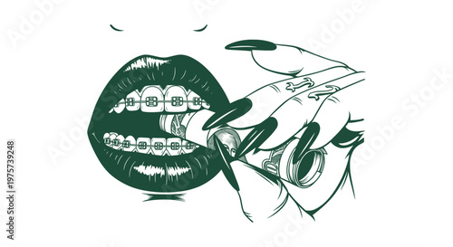 Edgy Tattoo Style Vector of a Woman with Braces Biting Rolled Cash Bill with Long Manicured Nails