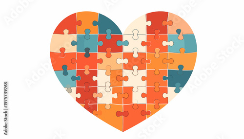 Heart-shaped jigsaw puzzle with colorful pieces representing connection and unity