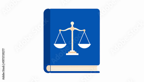 Symbolic illustration of a law book featuring the scales of justice, representing legal principles, court, and education related to law and order