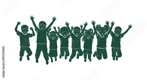 Silhouette of happy diverse children jumping together with raised hands in a green line art style