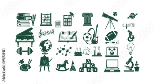 Educational subject icons set with vintage school equipment for science music art math and sports.